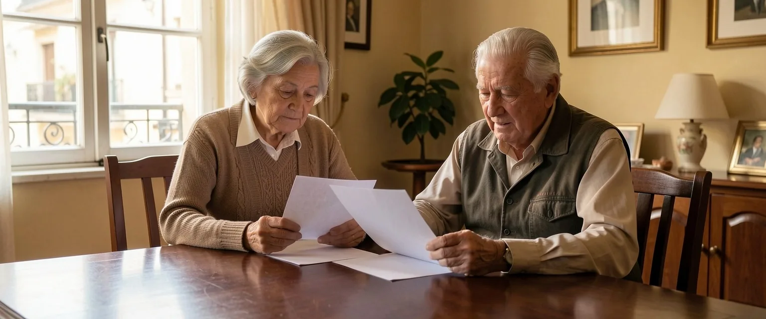 Pareja de adultos mayores revisando información financiera en su hogar