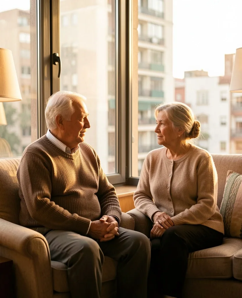 Pareja de adultos mayores disfrutando de un momento de tranquilidad en su hogar