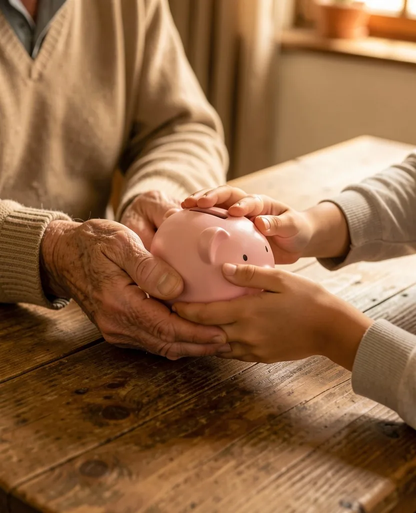 Abuelo enseñando a su nieto sobre finanzas en la mesa de la cocina