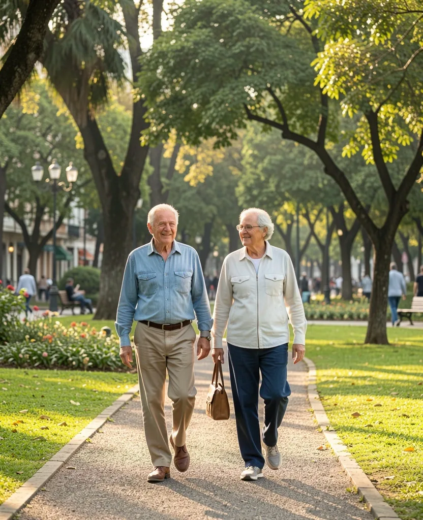 Pareja jubilada caminando en un parque de Buenos Aires