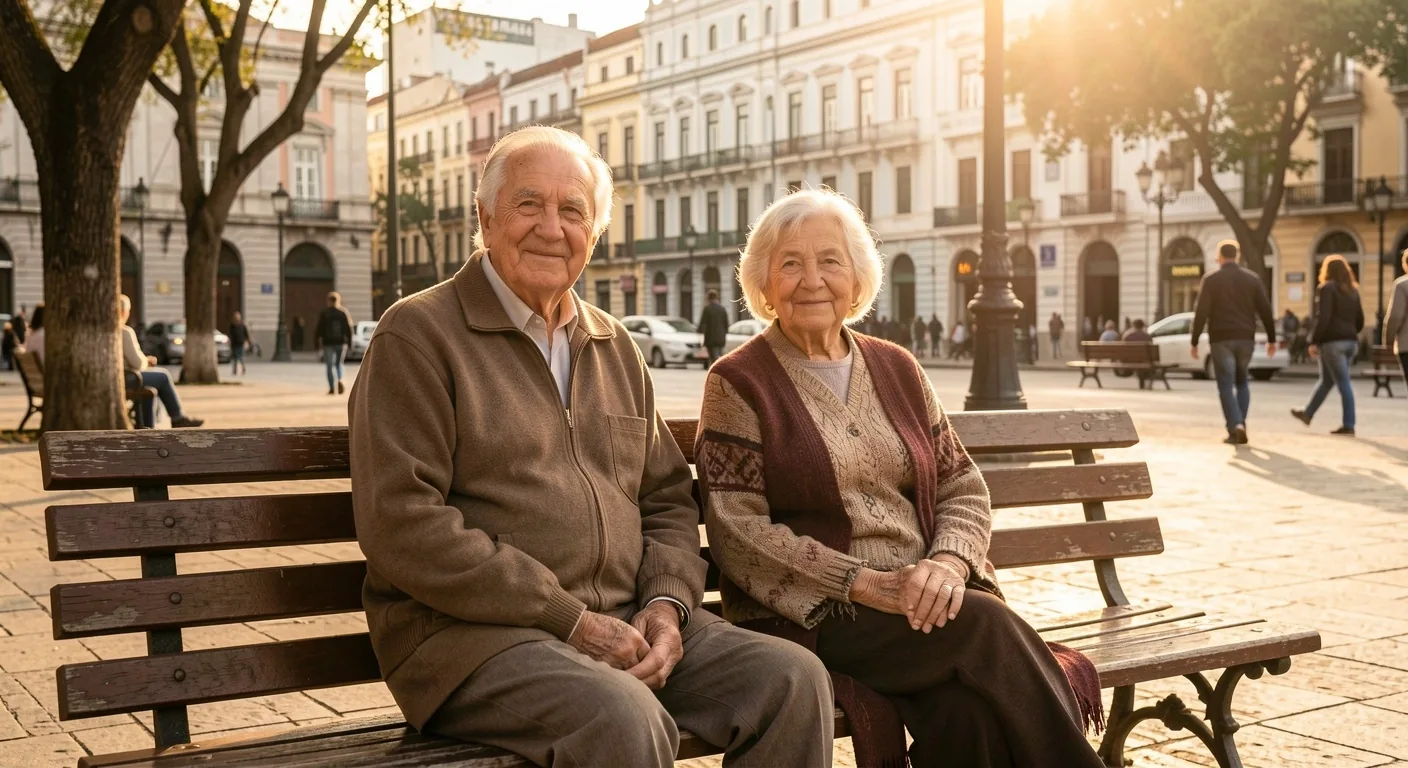 Pareja mayor disfrutando de un momento juntos en una plaza