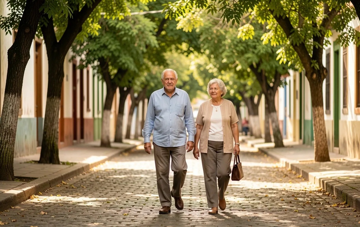 Pareja mayor caminando juntos por un barrio tranquilo