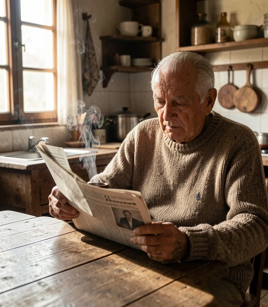 Adulto mayor argentino leyendo el periódico en su cocina