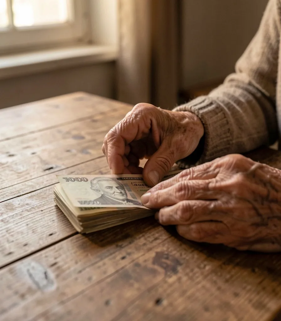 Manos de una mujer mayor contando billetes en una mesa