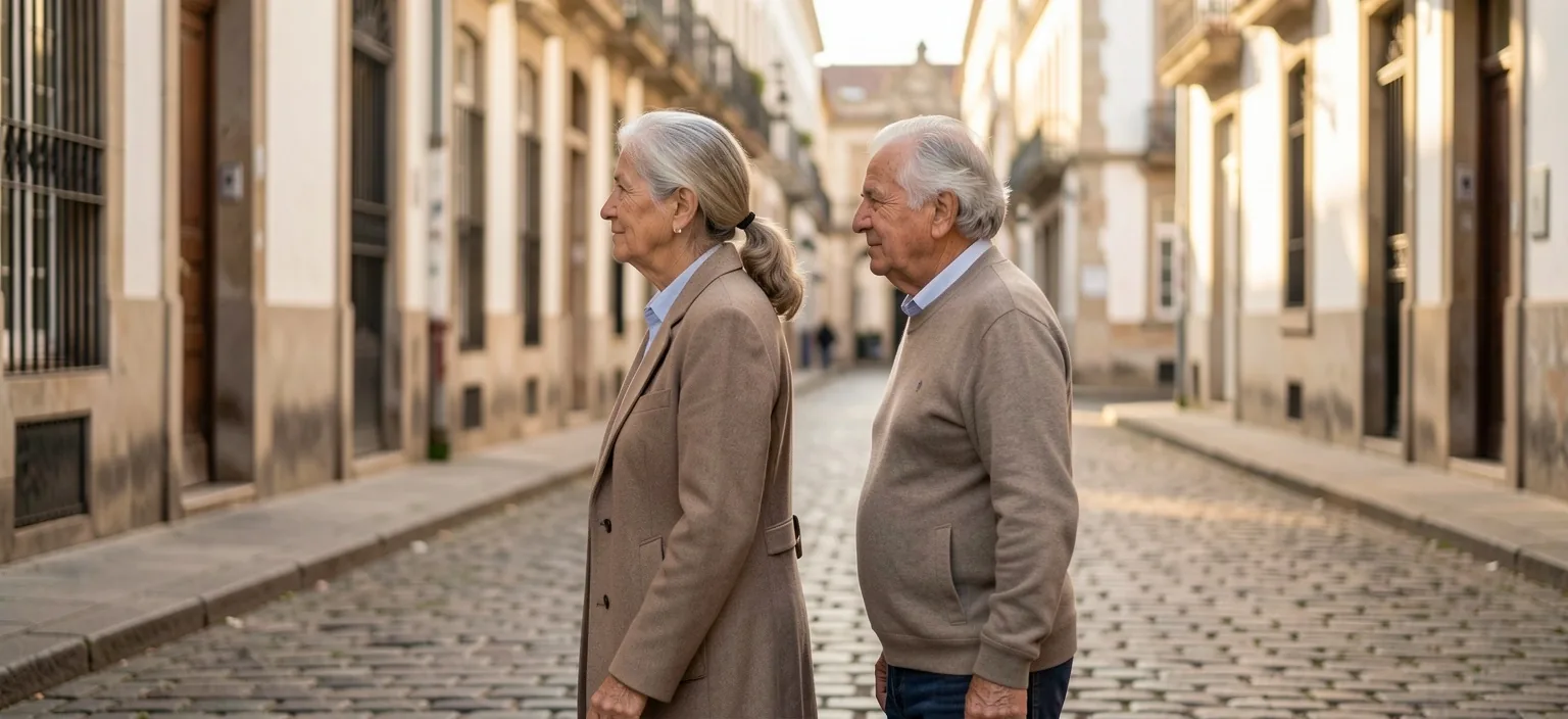 Pareja de adultos mayores caminando juntos por una vereda de Buenos Aires