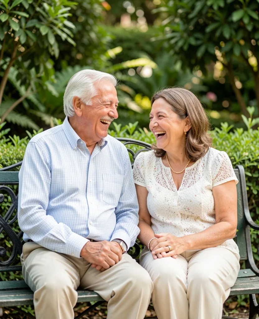 Pareja de jubilados argentinos sonriendo juntos en un banco de plaza