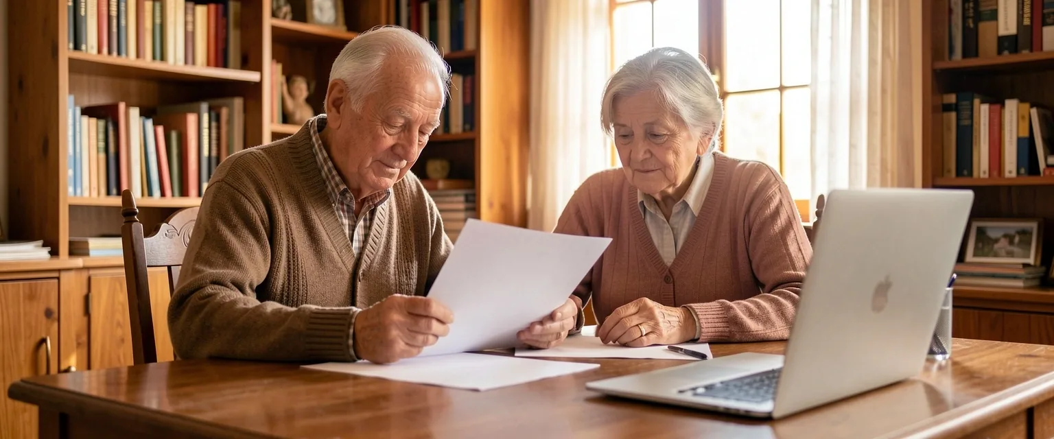 Pareja mayor revisando documentos en un escritorio