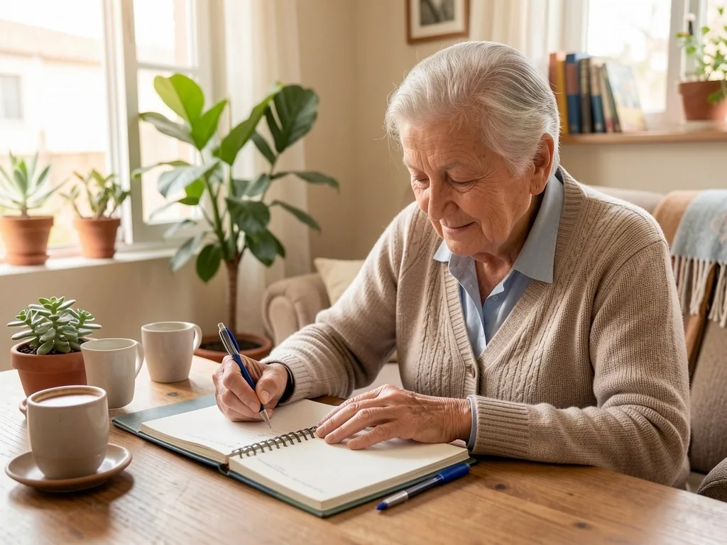 Persona registrando gastos en un cuaderno de presupuesto familiar